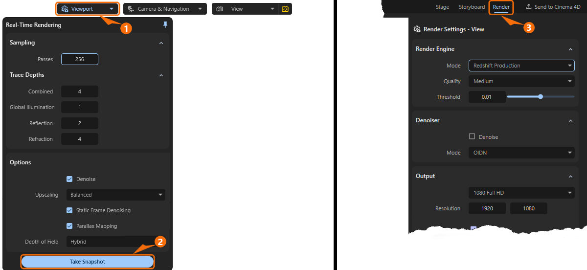 The Render Settings for the viewport are found in the 'Viewport' menu. The Render Settings for the final output can by found by switching to the 'Render' layout.